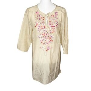 Chicos sz 1/Medium Beige Silk Blend Sequin Beaded Tunic Top Boho 3/4 Sleeve